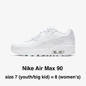 Nike White Air Max 90 Boys' Grade School,  Women’s 8